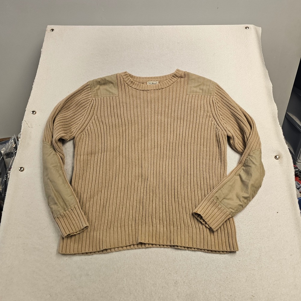 LL Bean Mens Commando Sweater Tan Khaki Ribbed Cotton Elbow Patch Large L-REG
